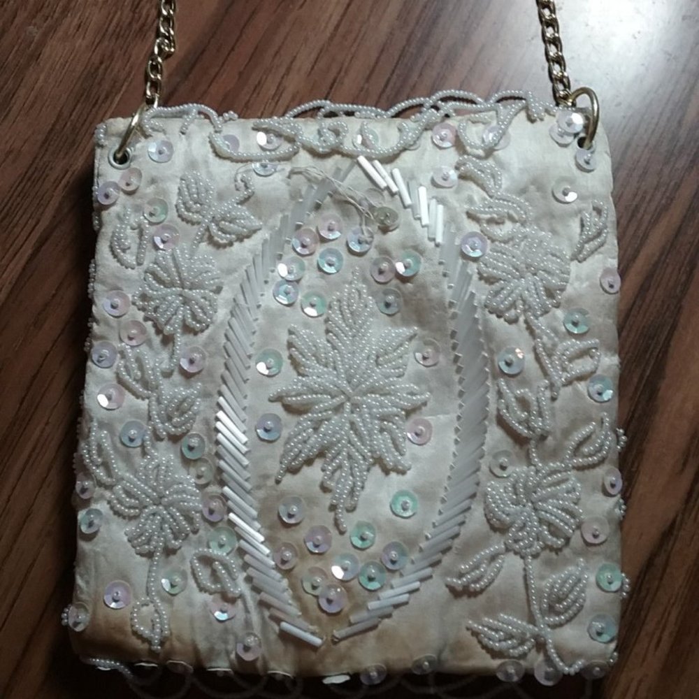 Vintage Star Brand Beaded White Evening Clutch Purse Hand Made in Hong Kong